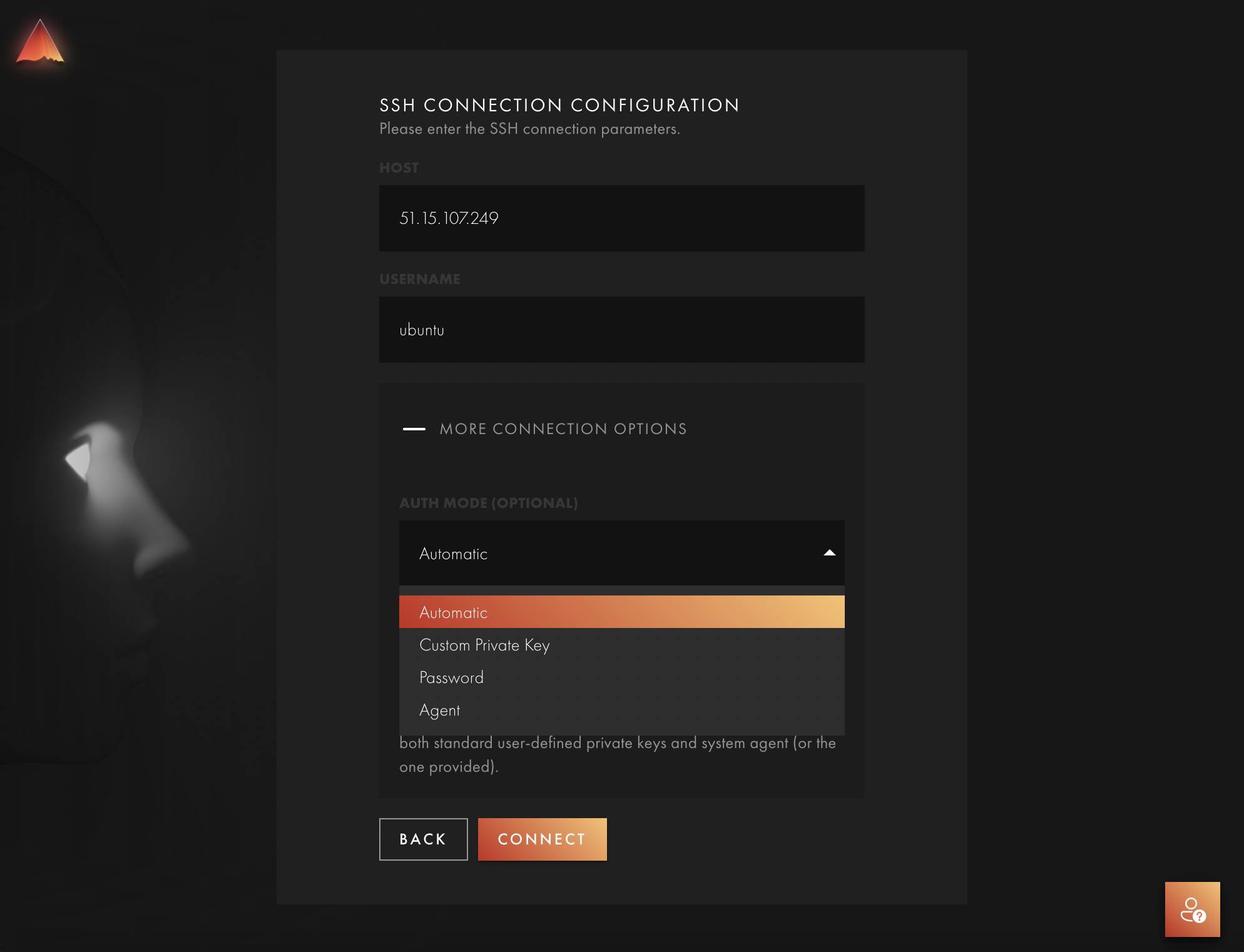 More connection options dialog with authentication mode choices