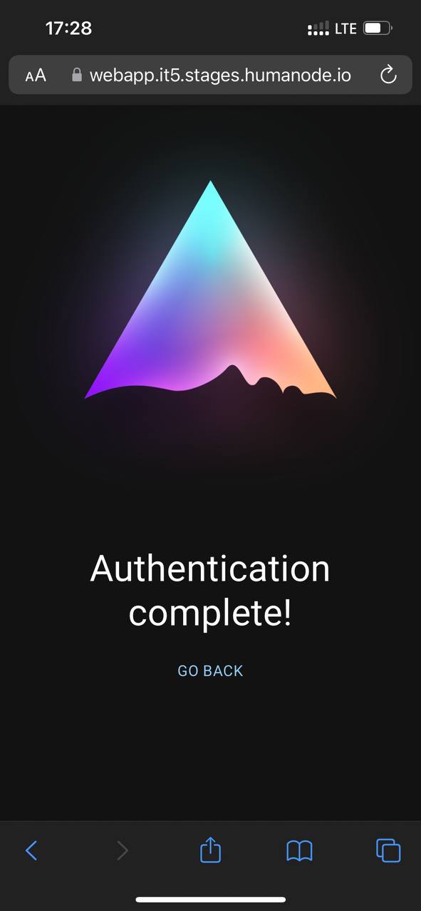Successful Humanode bioauth authentication confirmation screen