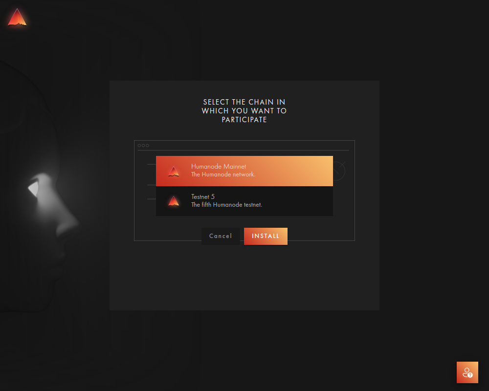 Chain selection screen in Humanode Launcher for node installation