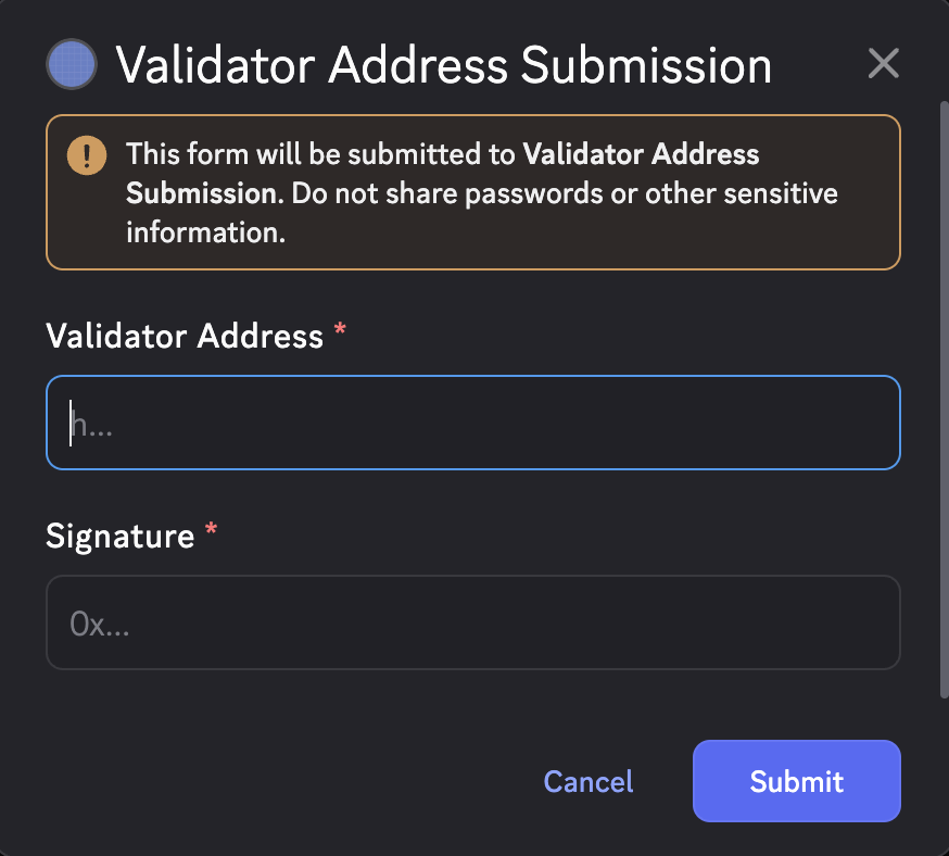 Completed validator address submission form in Discord