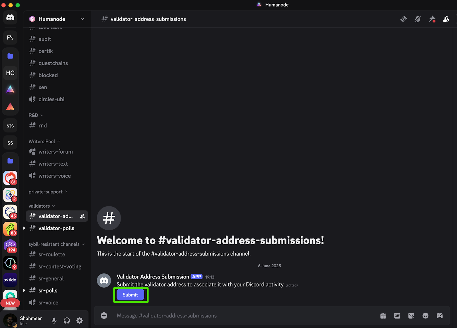 Discord validator address submission form asking for the validator address and signature