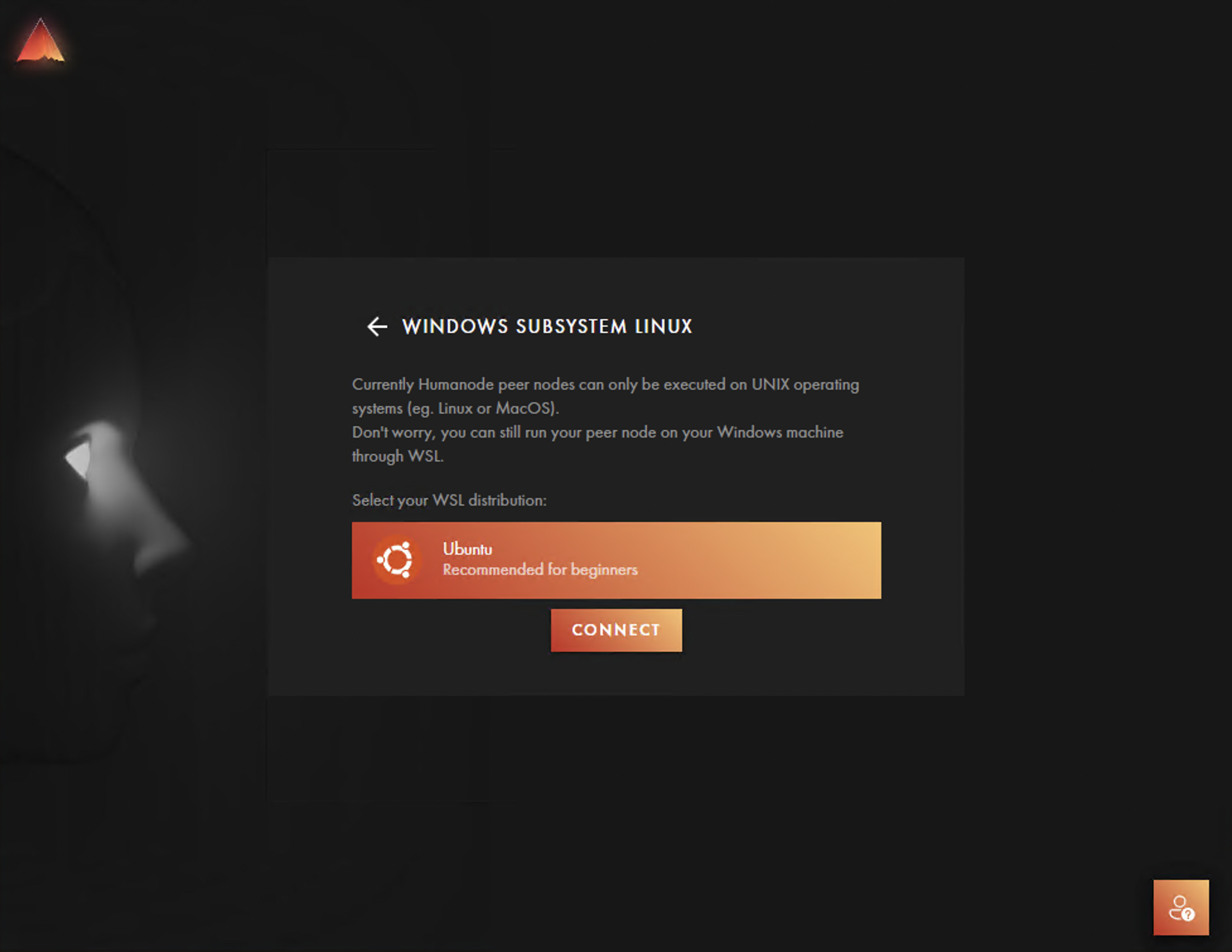 Distribution selection screen showing Ubuntu for local node setup