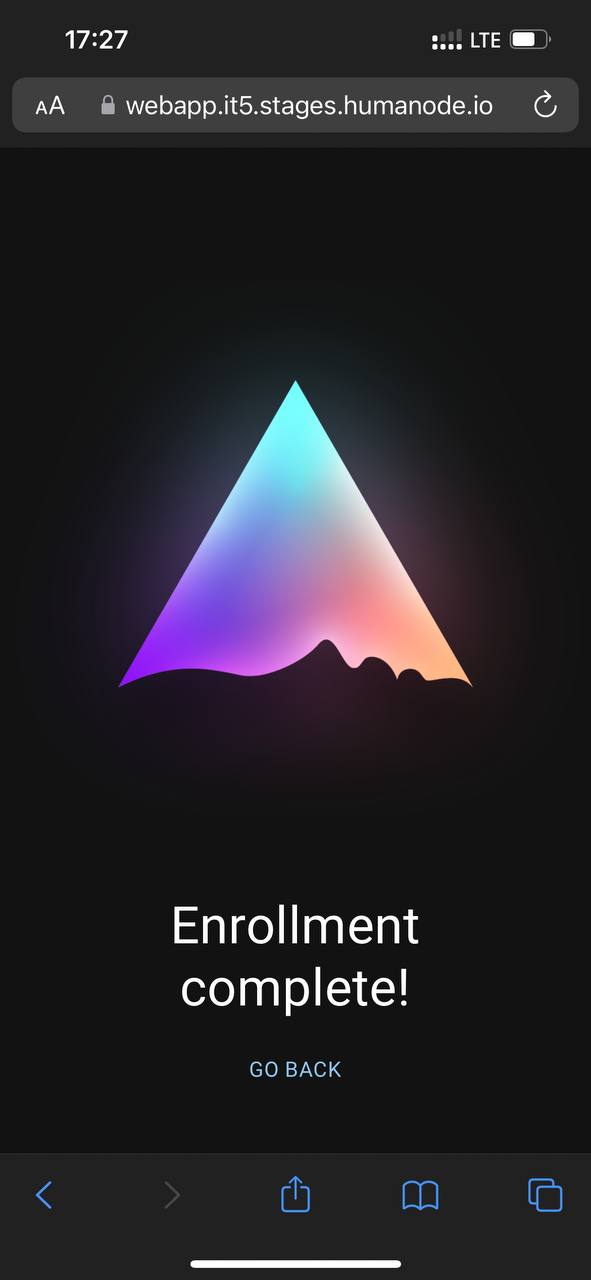 Successful Humanode bioauth enrollment confirmation screen