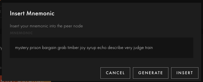 Insert mnemonic dialog with the mnemonic input field