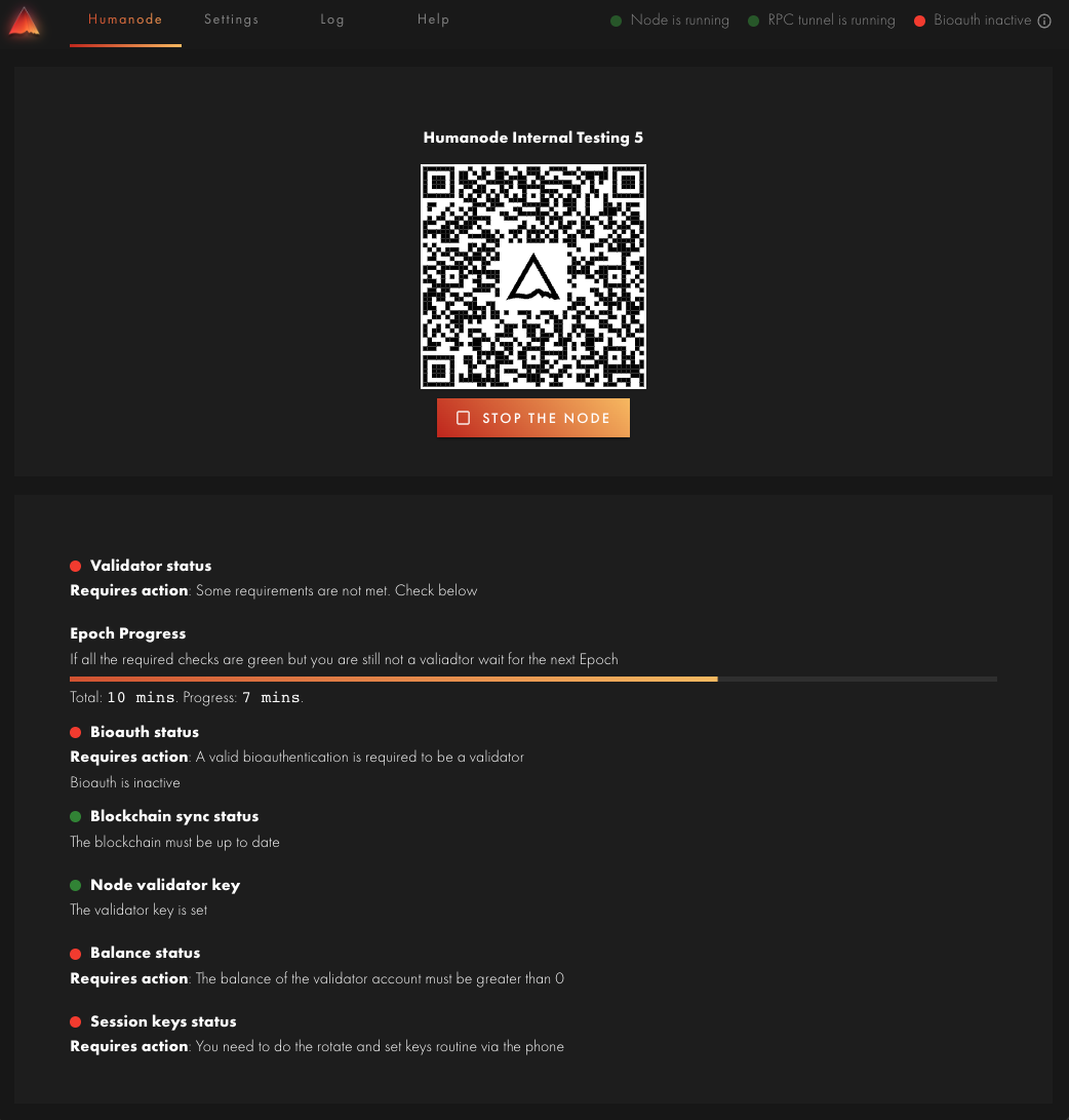 Humanode Launcher node status screen with the QR code for mobile setup