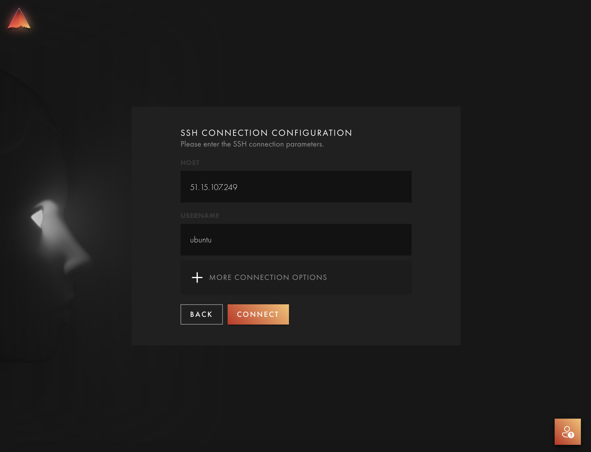 Filled remote workspace connection form with a sample SSH host and username
