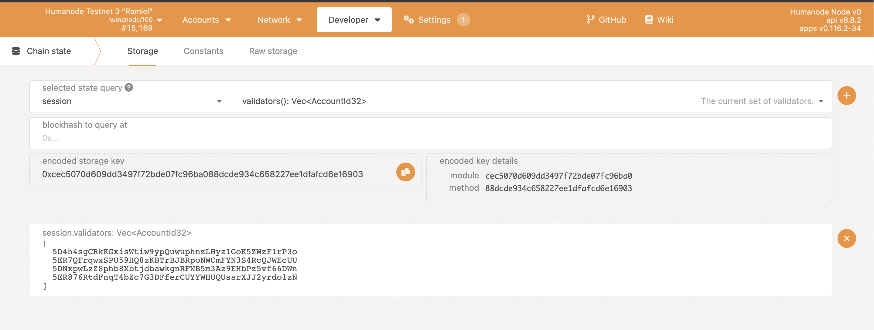 Polkadot.js Apps Chain state screen for the session validators query