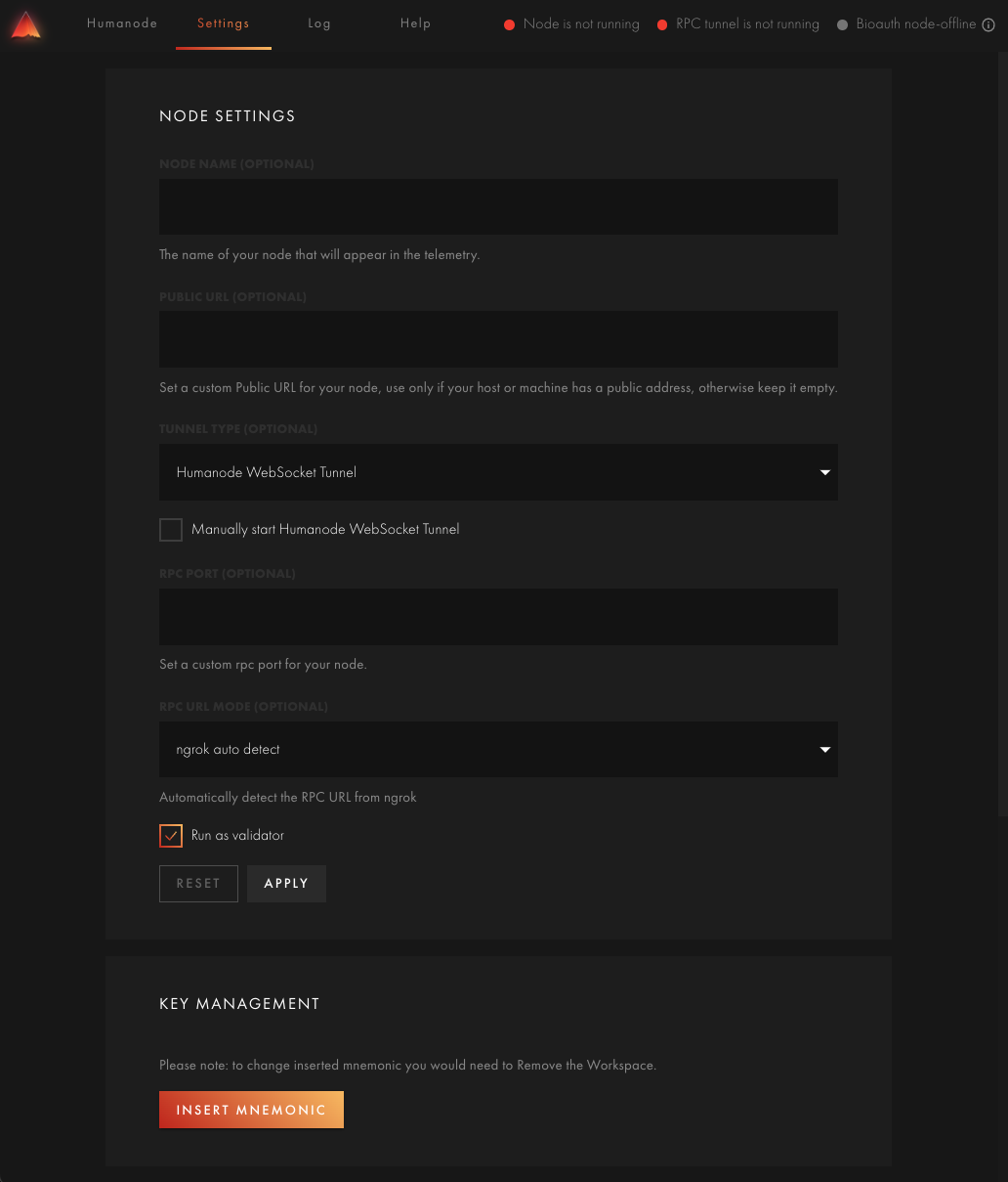 Humanode Launcher settings screen with primary settings and key management