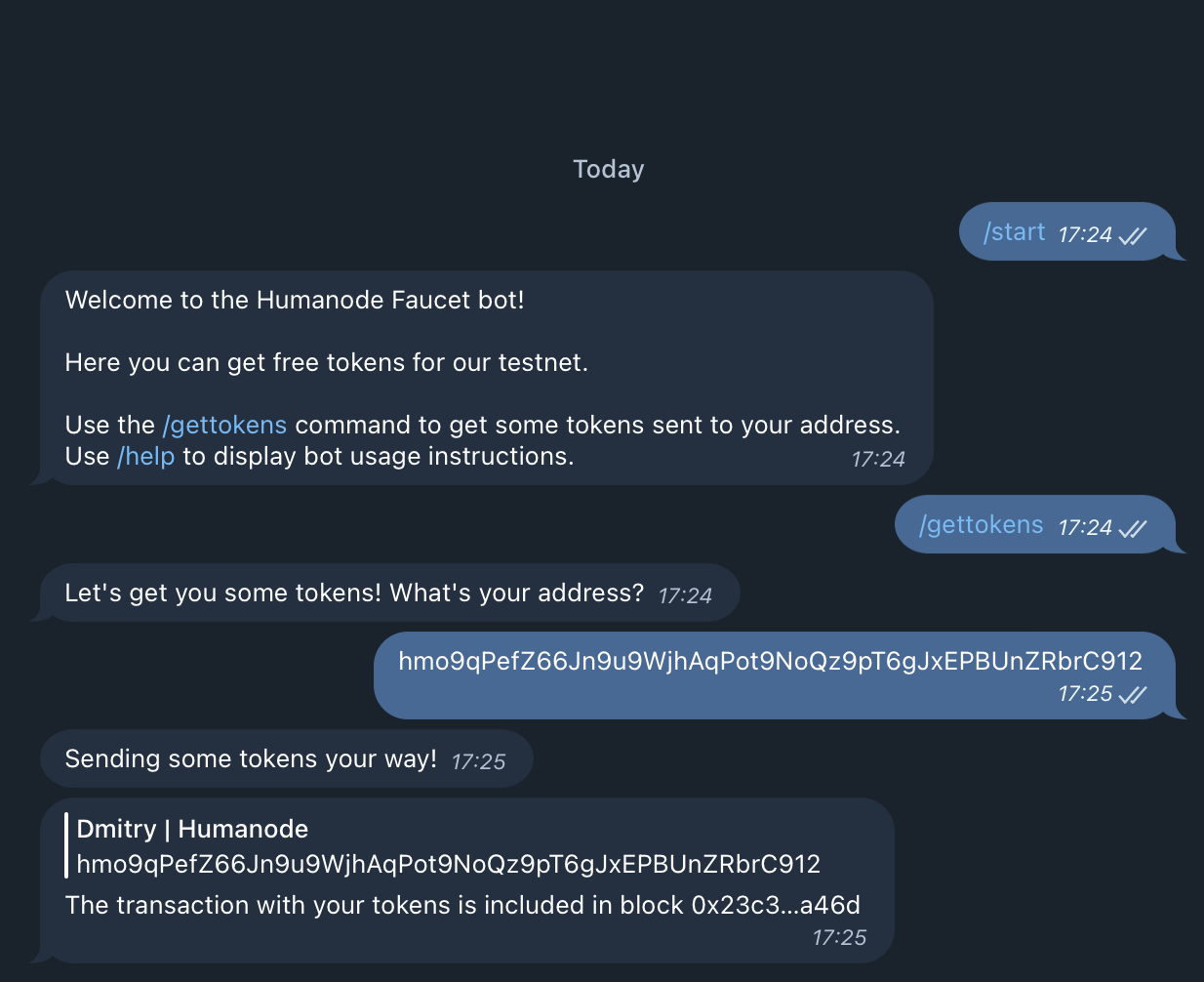 Telegram faucet chat showing a successful token request status message